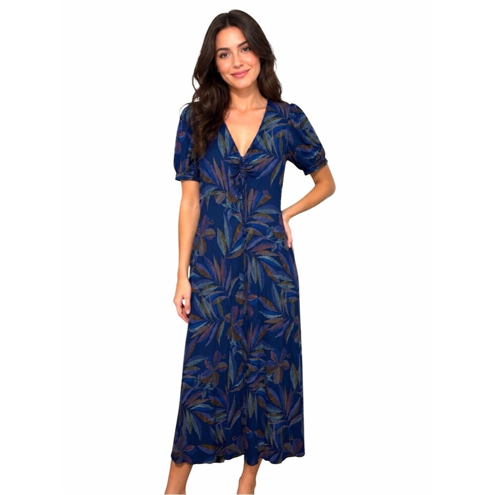 Les Serein Blue Floral Stretch Midi Dress Size Large